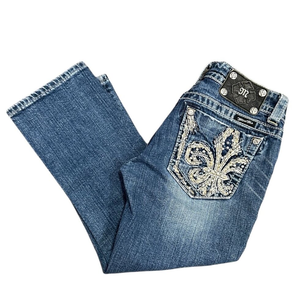 Miss Me 27 Capri Blue Jeans Fluer De Lis Embroidered Bling Distressed JP5455P - Picture 16 of 16